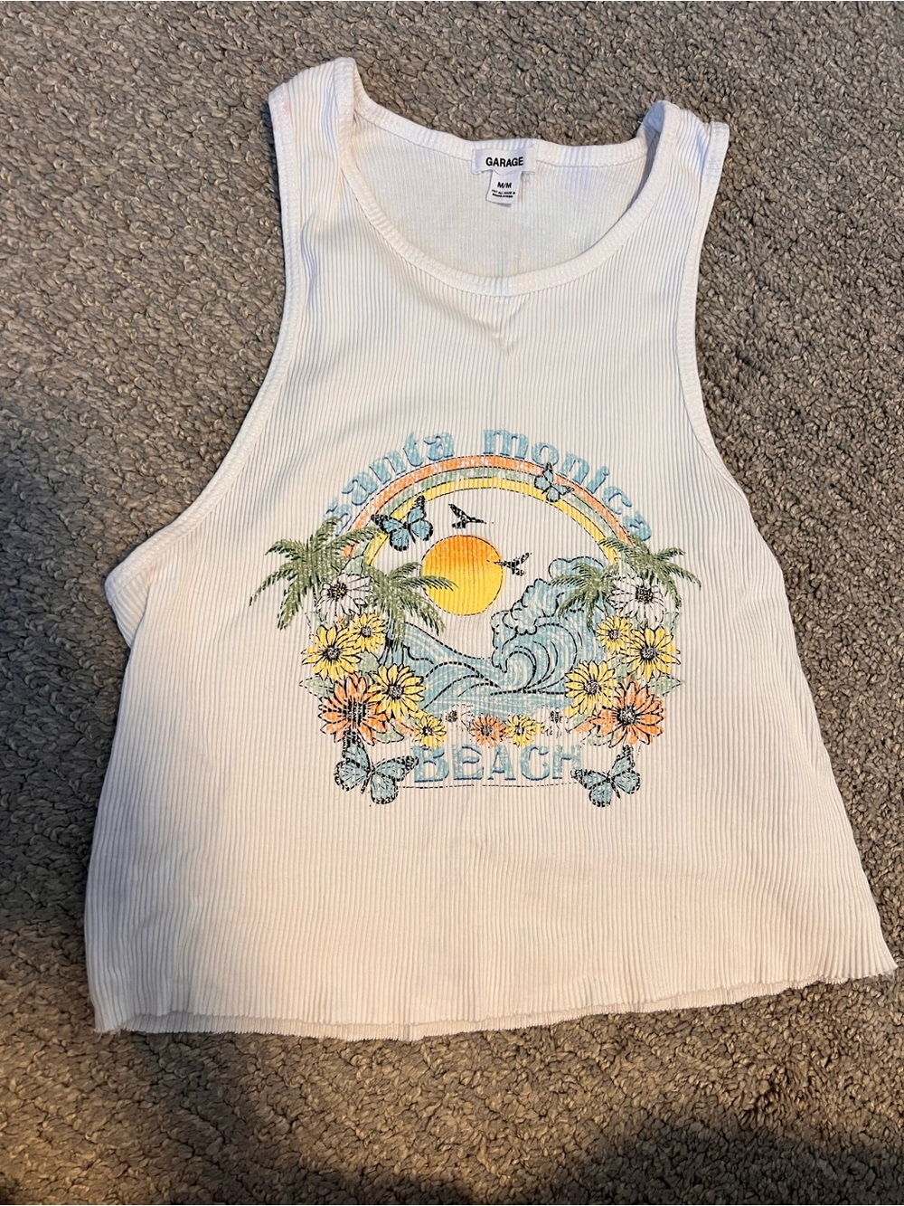 Garage White Ribbed Tank Top with Pastel Beach Graphic